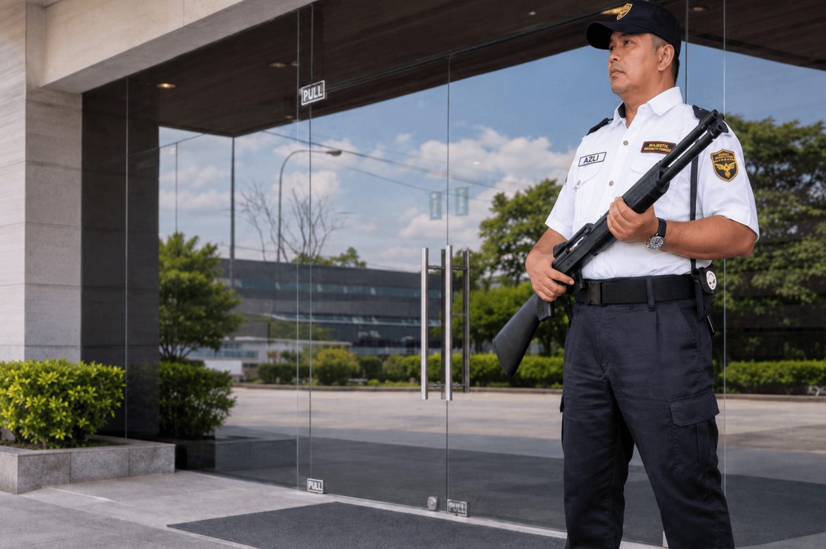 Armed security officer posted at a commercial building entrance
