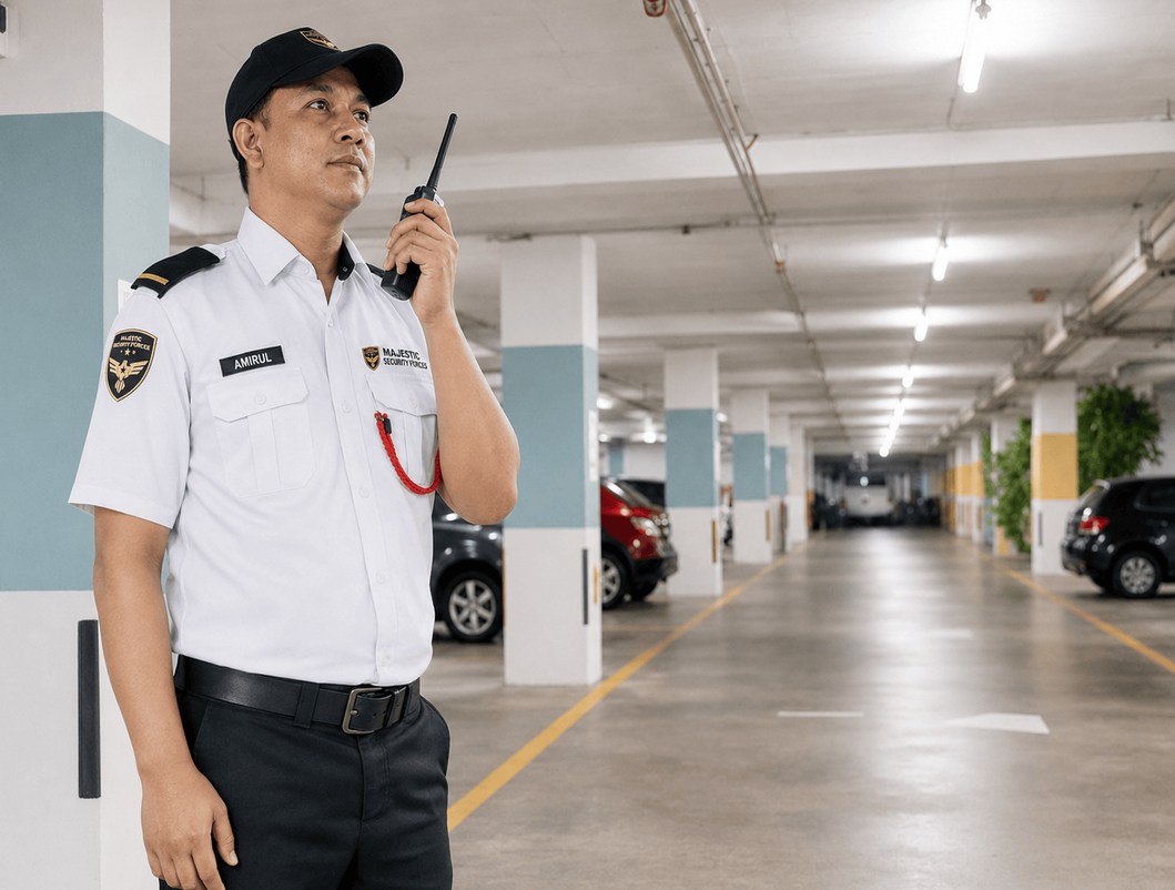 Guard with a two-way radio patrolling a basement car park