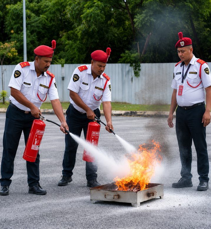 Guards practising with a fire extinguisher on a controlled live fire during refresher training