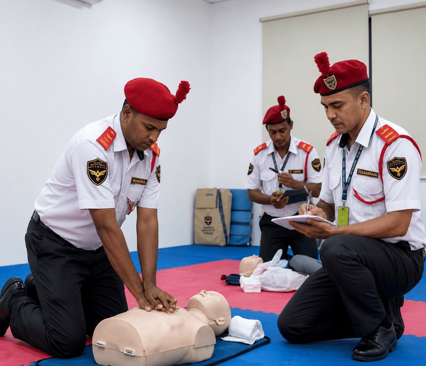 Guards practising CPR on a training mannequin during emergency response drill
