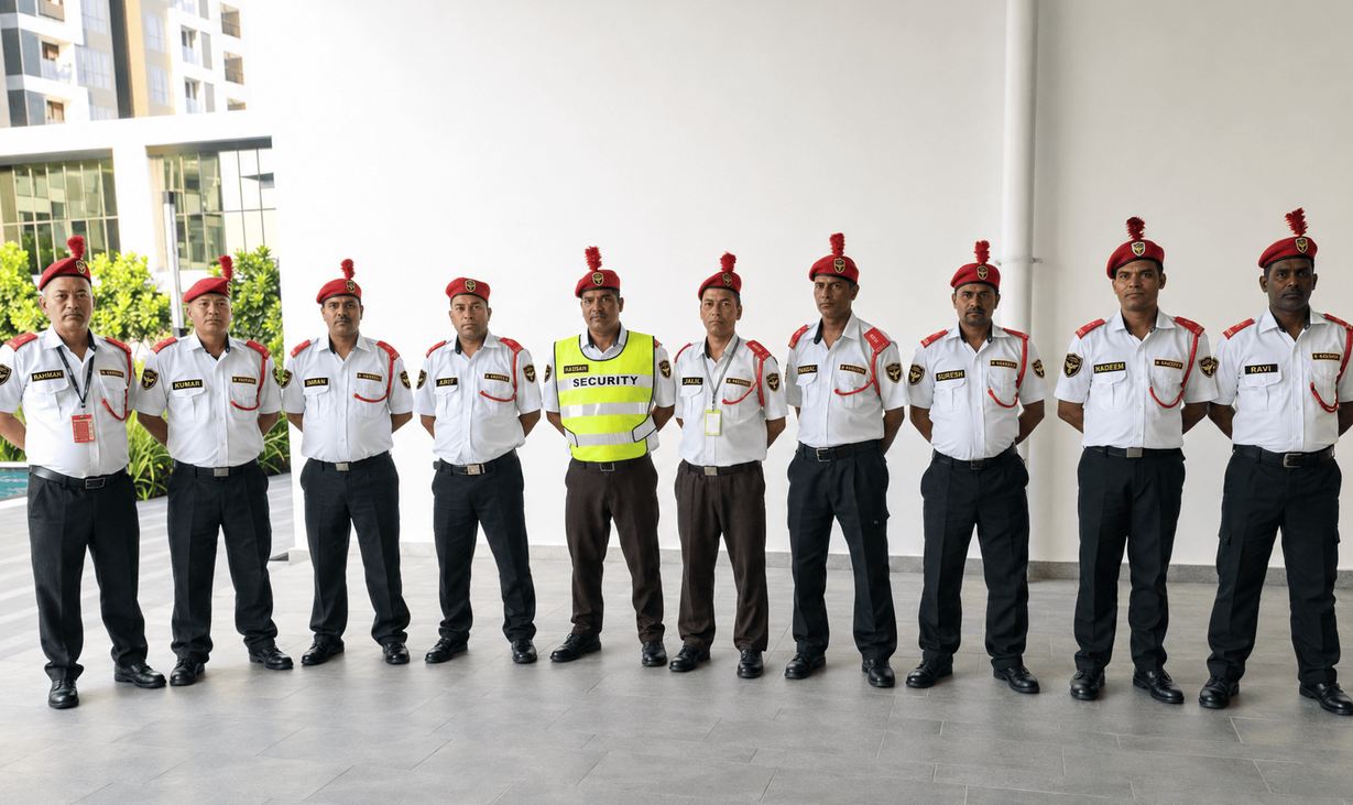 Security guards on shift line-up outside a condominium, part of the security guard services Majestic Security Forces Sdn. Bhd. provides in Malaysia