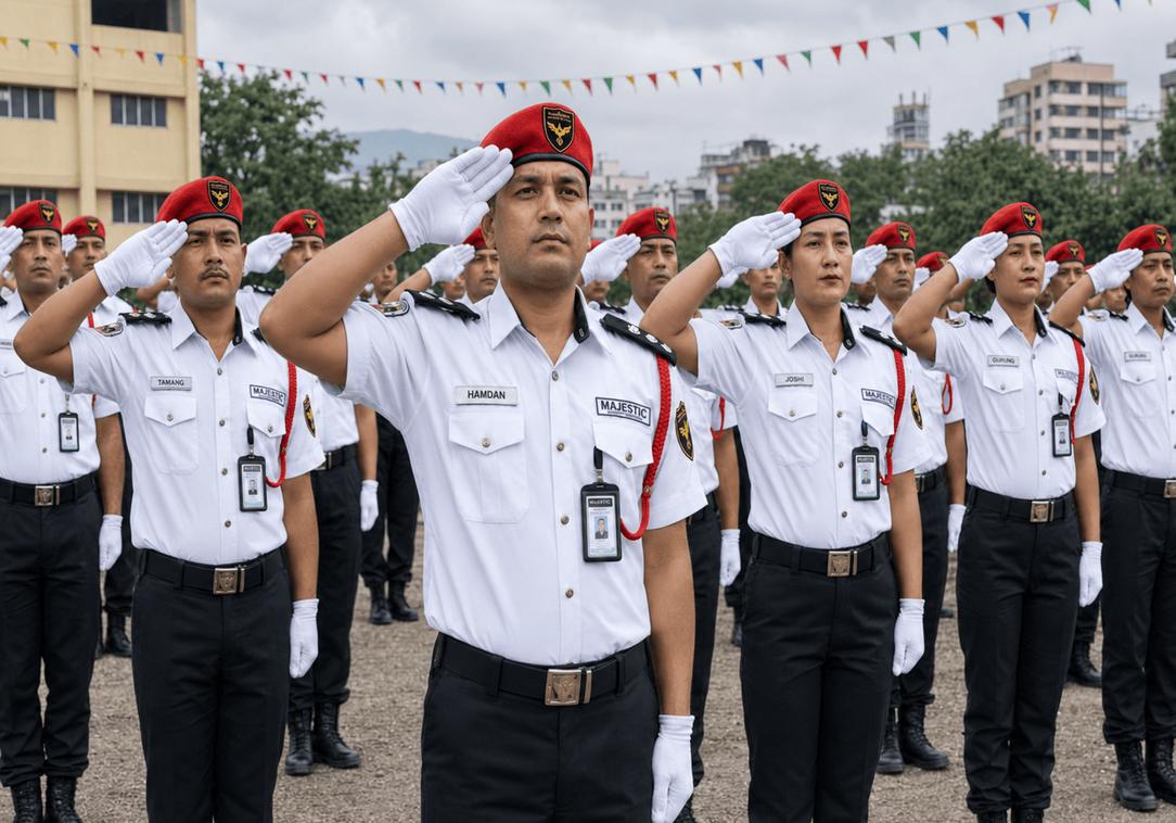 Security guards saluting during a morning parade