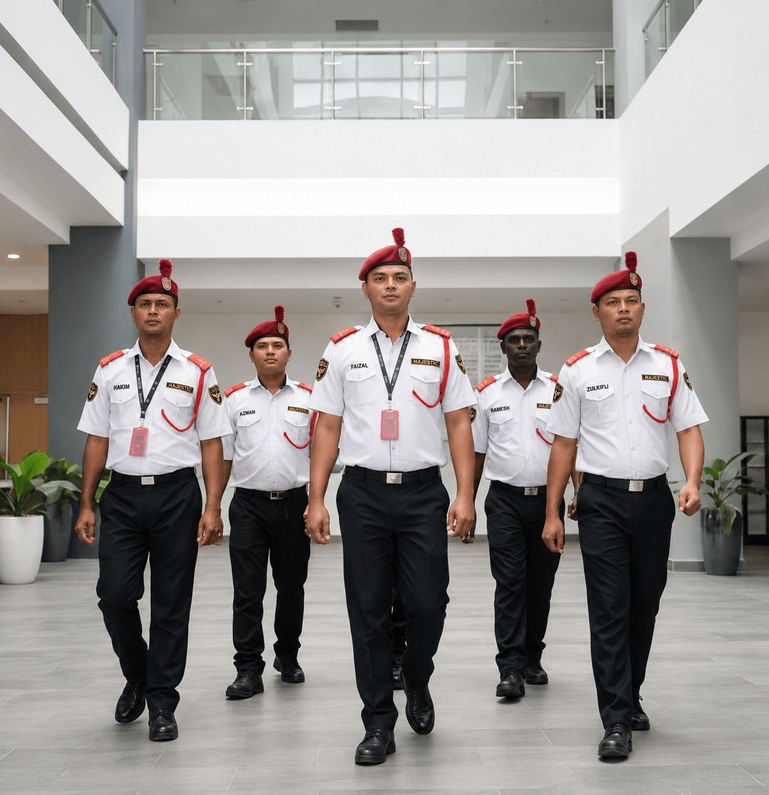 Security guards walking a patrol route through an apartment lobby