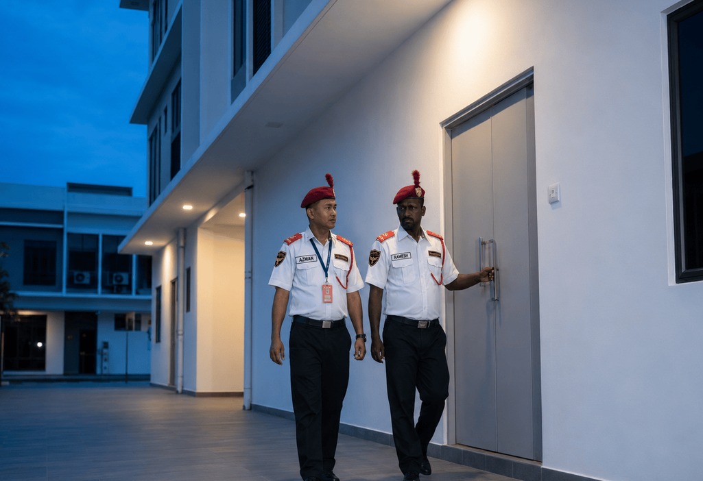 Two security guards checking a side door during a night patrol round