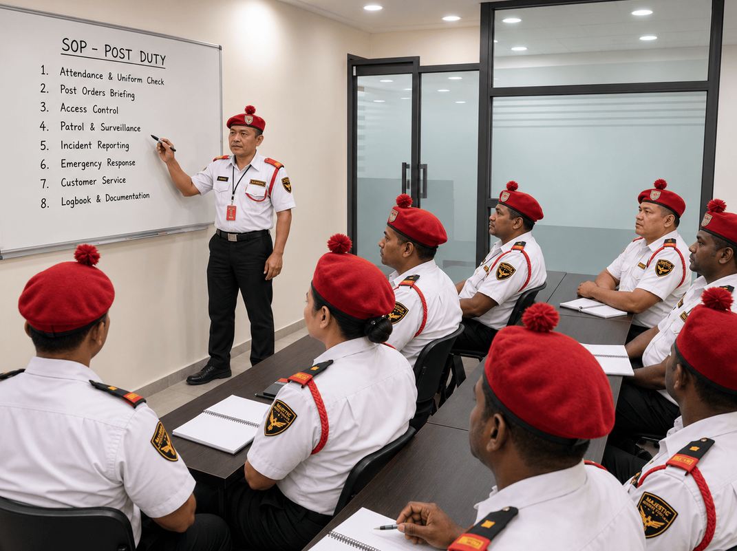 Officer briefing seated guards on standard operating procedures at a whiteboard