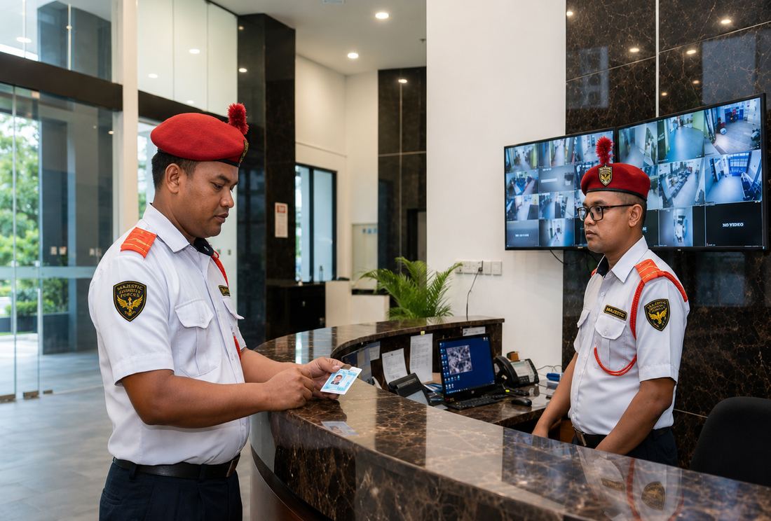 Security officer on static duty at a building reception post