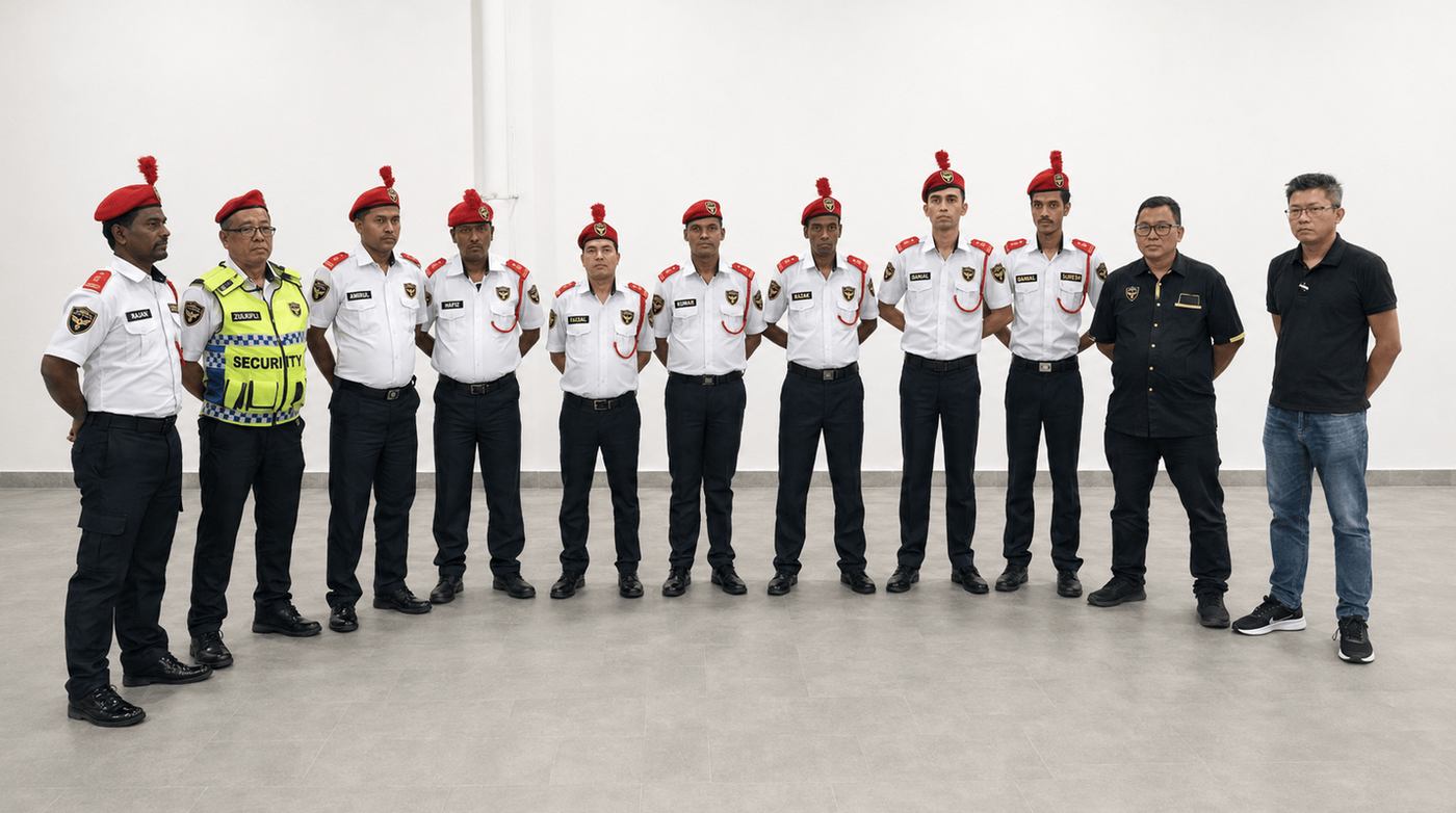 Guards and management of Majestic Security Forces Sdn. Bhd. at a full team assembly