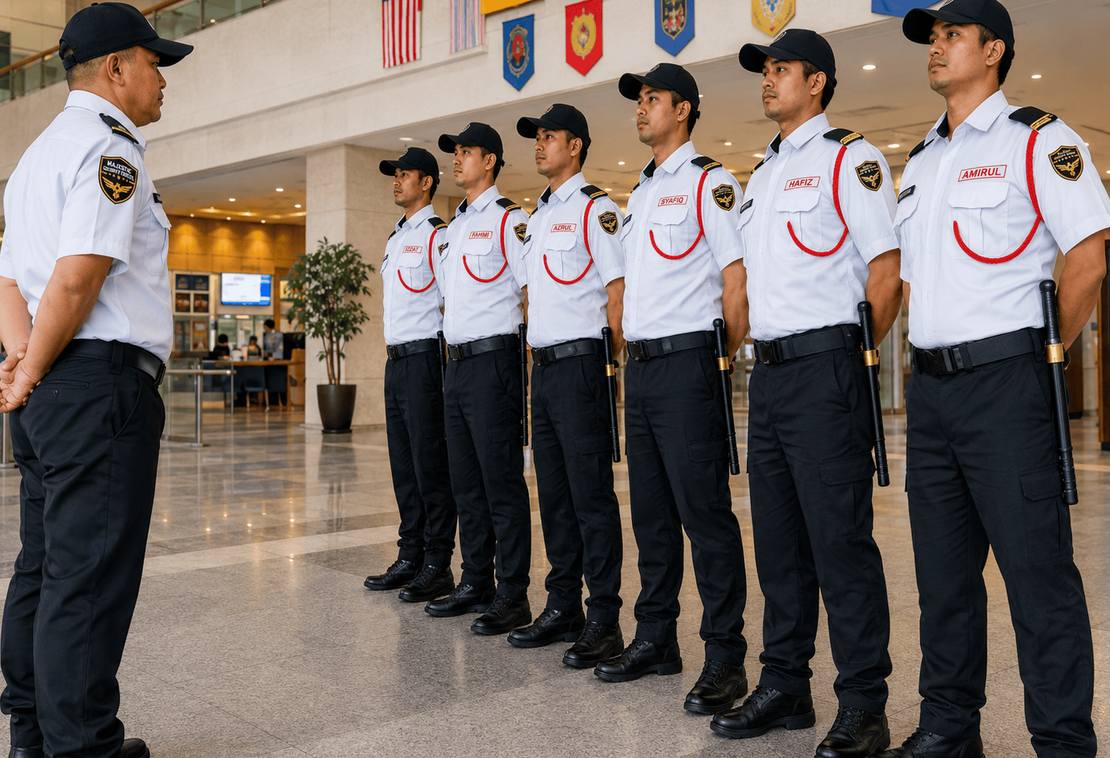 Guards standing in line for a shift changeover check inside a building lobby