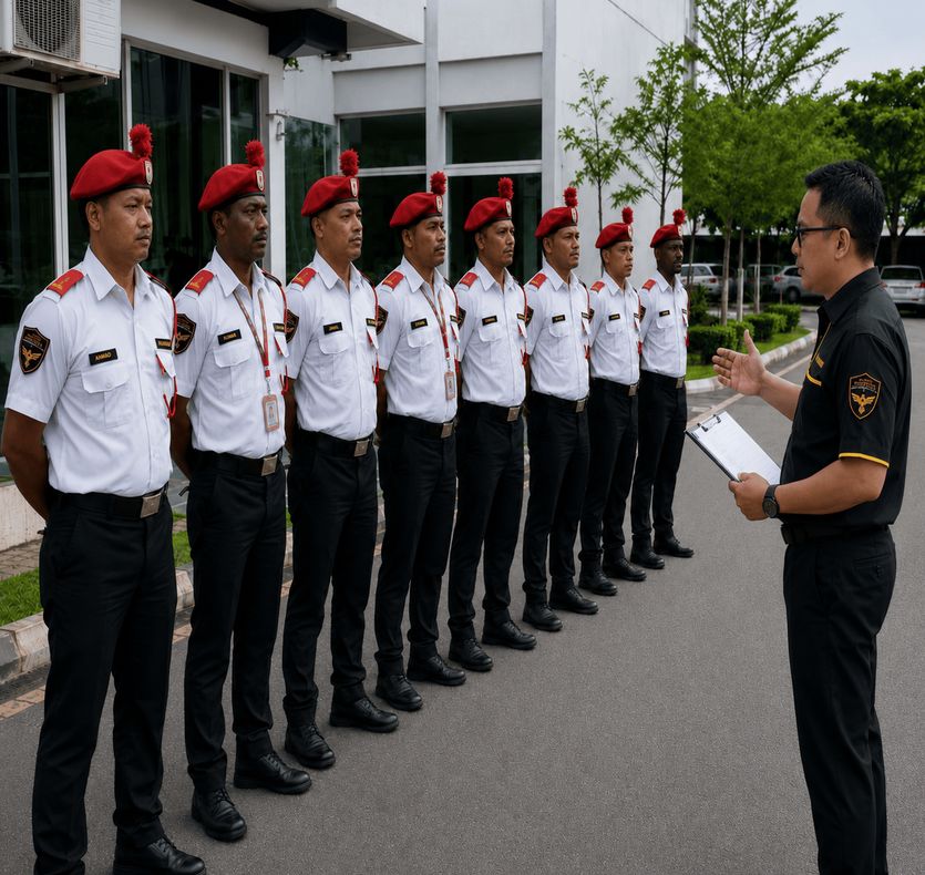 Supervisor with a clipboard checking security guard attendance and grooming at a shift line-up