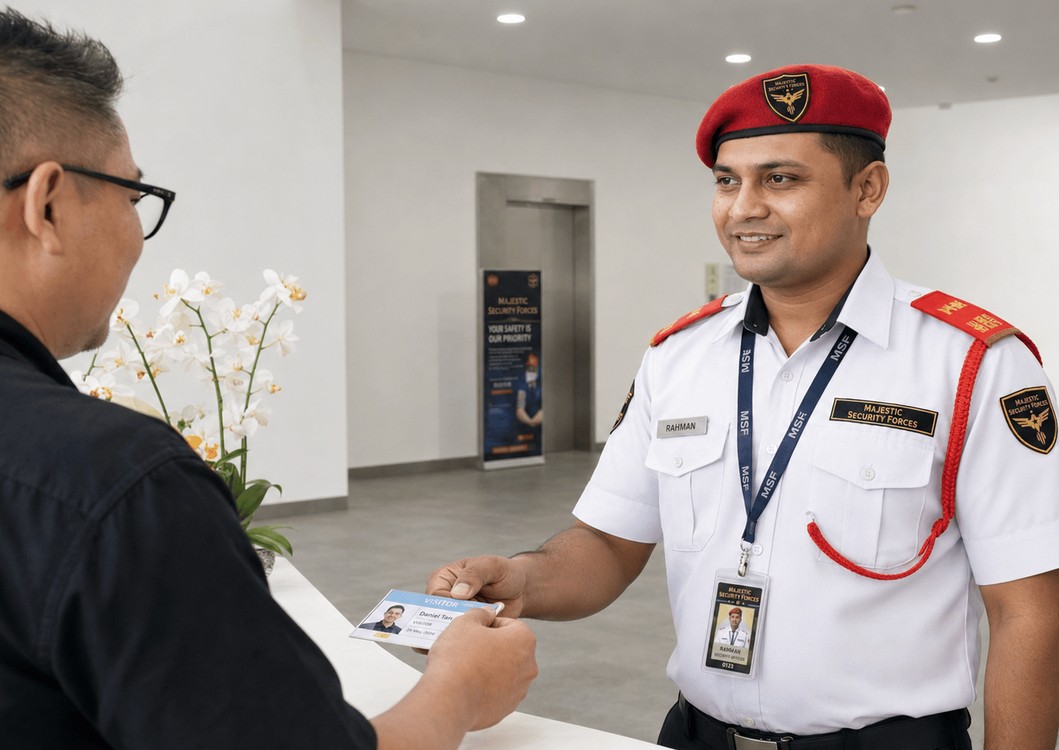 Security guard checking a visitor pass at a condominium lobby counter